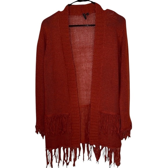 🌹POOF RUST BURNT FRINGE OPEN CARDIGAN - Picture 1 of 8